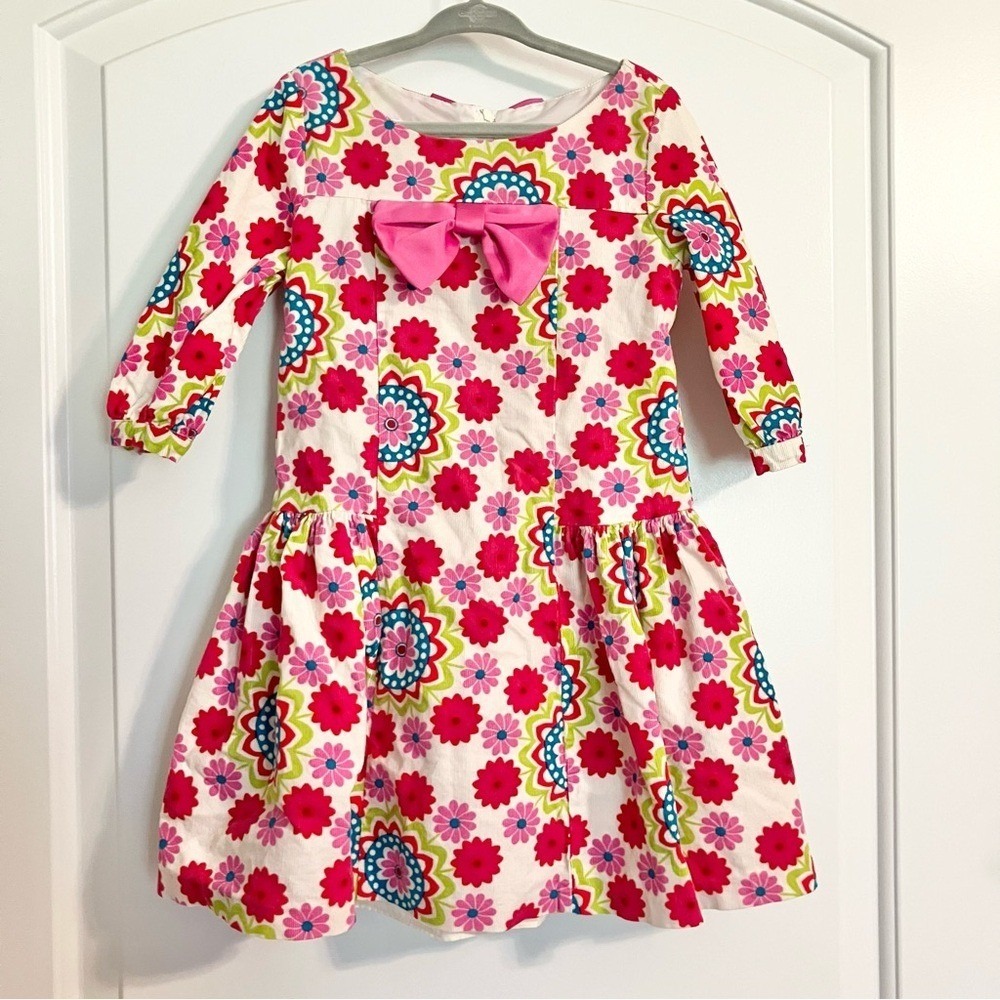 Bonnie Jean Girls 4T Floral Corduroy Dress Pink Green Bow Back